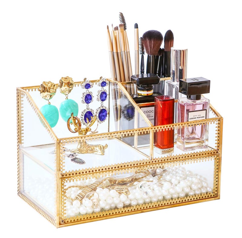 Levilan Golden Glass Box Vanity Tray Glass Case Makeup Display Organizer on Dresser, Multifunctional Cosmetic Storage for Palette Lipstick Makeup Brushes Skincare Perfumes Bathroom Accessories - Image 1